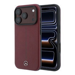 Mercedes-Benz iPhone 18 Pro Coque structure rigide - MagSafe - cuir PU - Semi Wrap - Iconic Line Bordeaux
