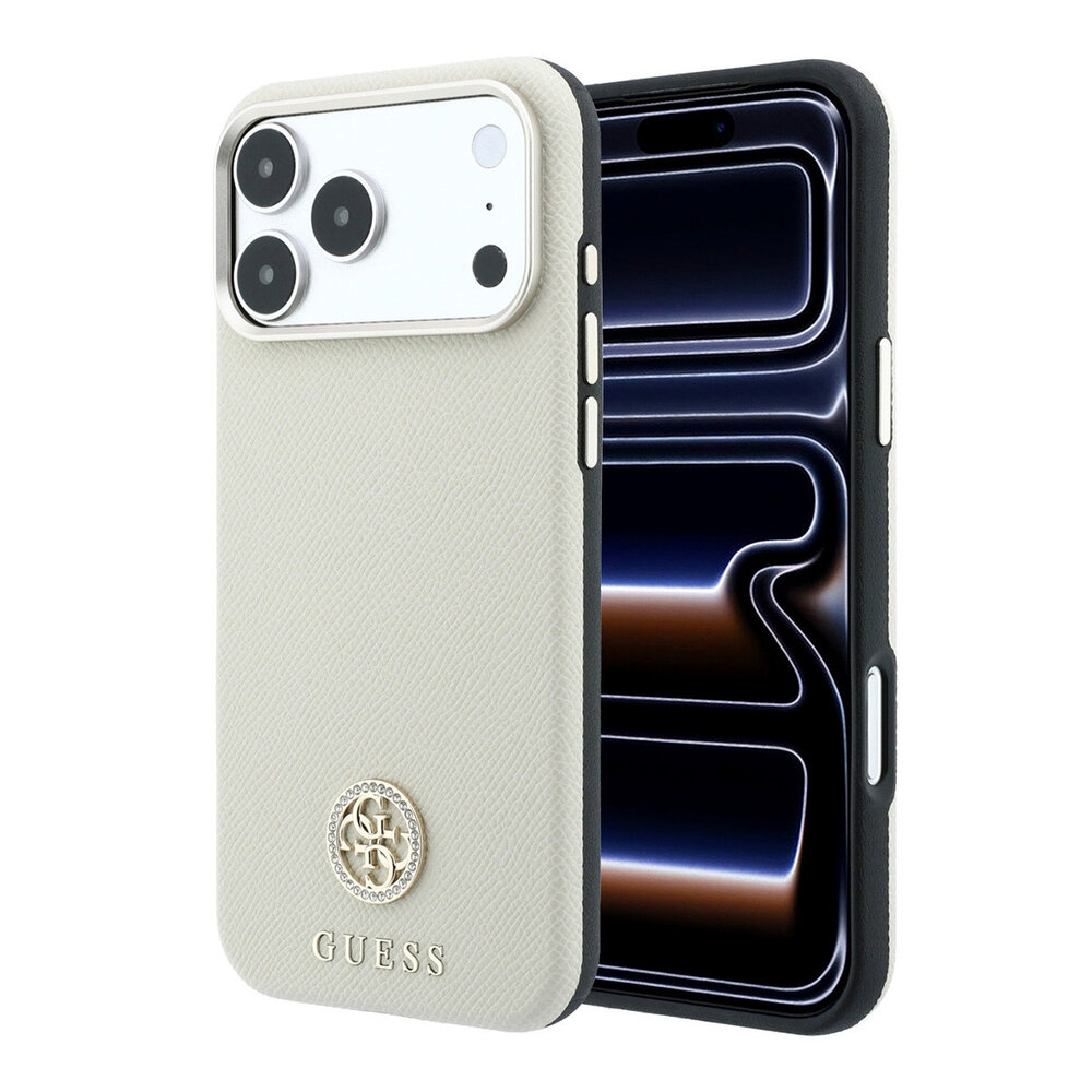 Guess Guess iPhone 18 Pro Coque structure rigide - MagSafe - SW - PU grainé - logo rond en strass Beige