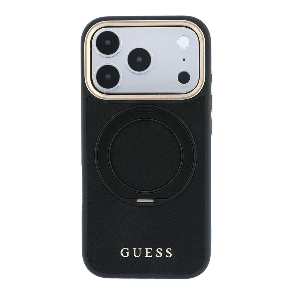 Guess Guess iPhone 18 Pro Hoesje harde behuizing - MagSafe - ringstandaard 360 - generfd PU - klassiek logo Zwart Guess Guess iPhone 18 Pro Hoesje harde behuizing - MagSafe - ringstandaard 360 - generfd PU - klassiek logo Zwart