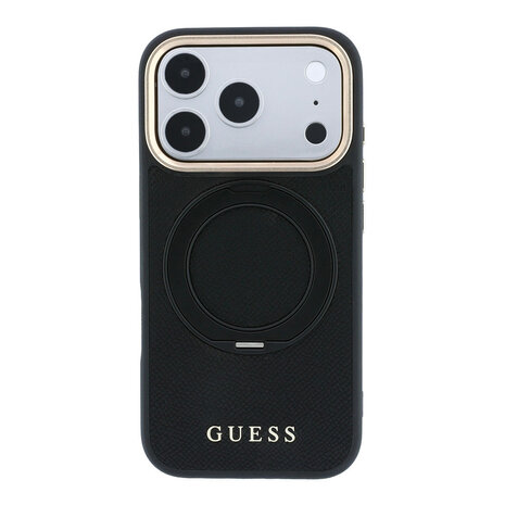 Guess Guess iPhone 18 Pro Coque structure rigide - MagSafe - anneau support à 360 degrés - PU grainé - logo classique Noir
