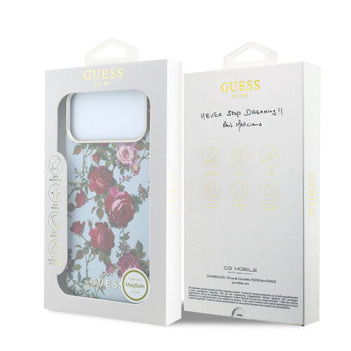 Guess Guess iPhone 18 Pro Max/iPhone 17 Pro Max Hartschalenhülle MagSafe SW PU Blossom Roses Rosenmotiv - Hellblau