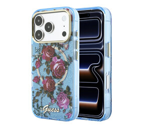 Guess Guess iPhone 18 Pro Max Hoesje harde behuizing - MagSafe - IML - glitter - Blossom Roses Lichtblauw