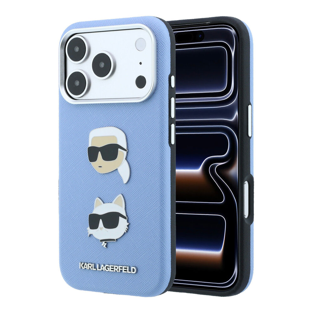 Karl Lagerfeld Karl iPhone 18 Pro Max Hülle Hartschale - SW - PU - Saffiano - K&C Heads-Anstecker - Logo Hellblau