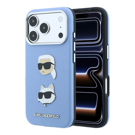 Karl Lagerfeld Karl iPhone 18 Pro Max Hülle Hartschale - SW - PU - Saffiano - K&C Heads-Anstecker - Logo Hellblau