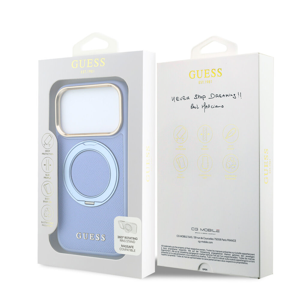 Guess Guess iPhone 18 Pro Max Hoesje harde behuizing - MagSafe - ringstandaard 360 - generfd PU - klassiek logo Lichtblauw Guess Guess iPhone 18 Pro Max Hoesje harde behuizing - MagSafe - ringstandaard 360 - generfd PU - klassiek logo Lichtblauw