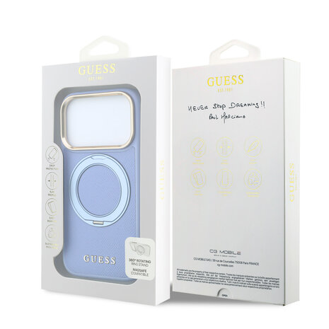 Guess Guess iPhone 18 Pro Max Coque structure rigide - MagSafe - anneau support à 360 degrés - PU grainé - logo classique Bleu clair Guess Guess iPhone 18 Pro Max Coque structure rigide - MagSafe - anneau support à 360 degrés - PU grainé - logo classique Bleu clair