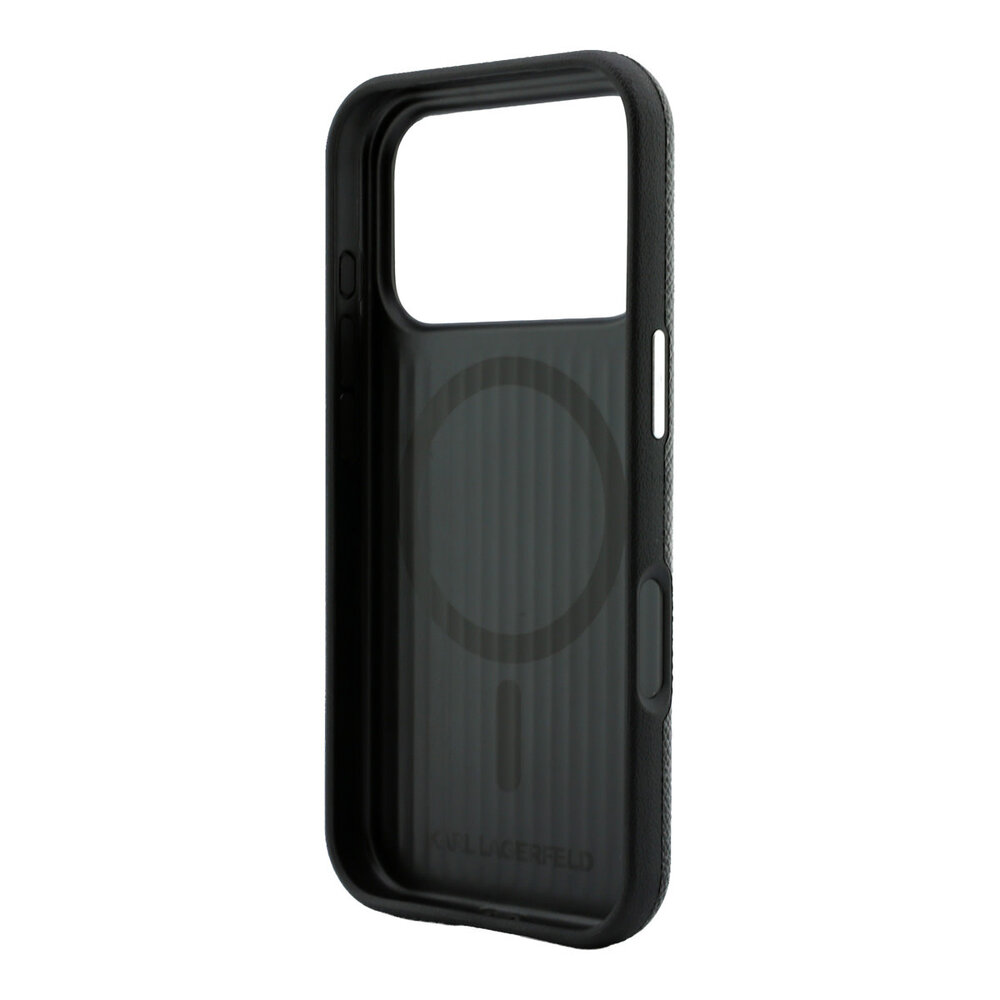 Karl Lagerfeld Karl iPhone 18 Pro Hoesje harde behuizing - MagSafe - SW - generfd PU - ring in reliëf - Kameo-logo Zwart
