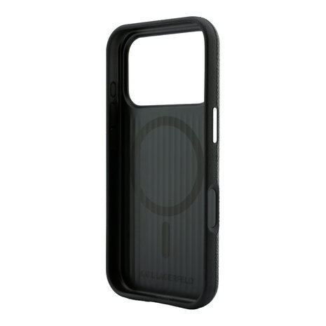 Karl Lagerfeld Karl iPhone 18 Pro Hoesje harde behuizing - MagSafe - SW - generfd PU - ring in reliëf - Kameo-logo Zwart