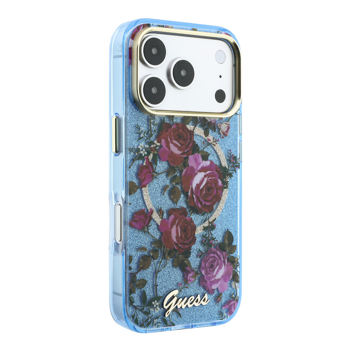 Guess Guess iPhone 18 Pro Max Hoesje harde behuizing - MagSafe - IML - glitter - Blossom Roses Lichtblauw, foto 5 van 6