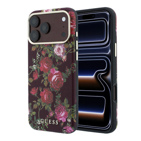 Guess Guess iPhone 18 Pro Max Hoesje harde behuizing - MagSafe - SW - PU - Blossom Roses-print Bordeauxrood Guess Guess iPhone 18 Pro Max Hoesje harde behuizing - MagSafe - SW - PU - Blossom Roses-print Bordeauxrood