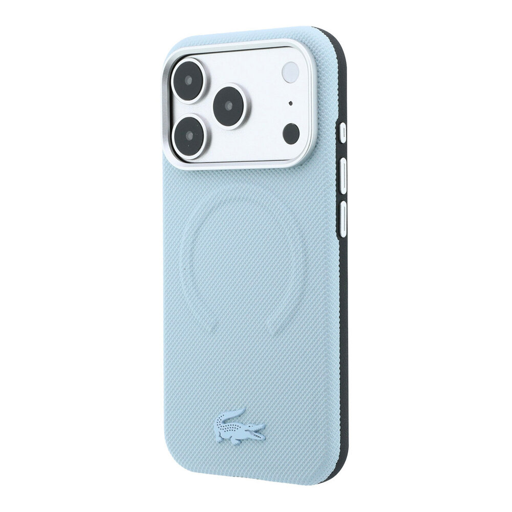 Lacoste Lacoste iPhone 18 Pro Coque structure rigide - MagSafe - PVC - Petit Pique - relief Bleu clair