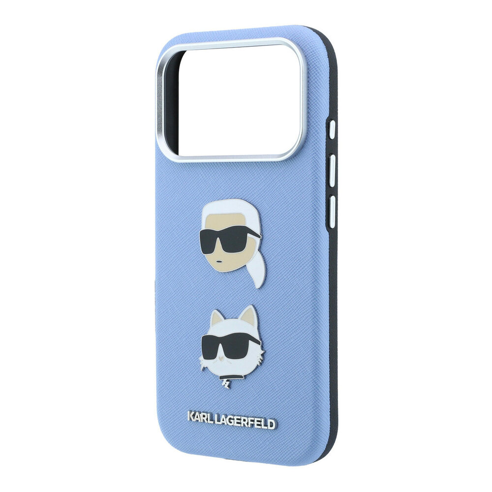 Karl Lagerfeld Karl iPhone 18 Pro Max Hülle Hartschale - SW - PU - Saffiano - K&C Heads-Anstecker - Logo Hellblau