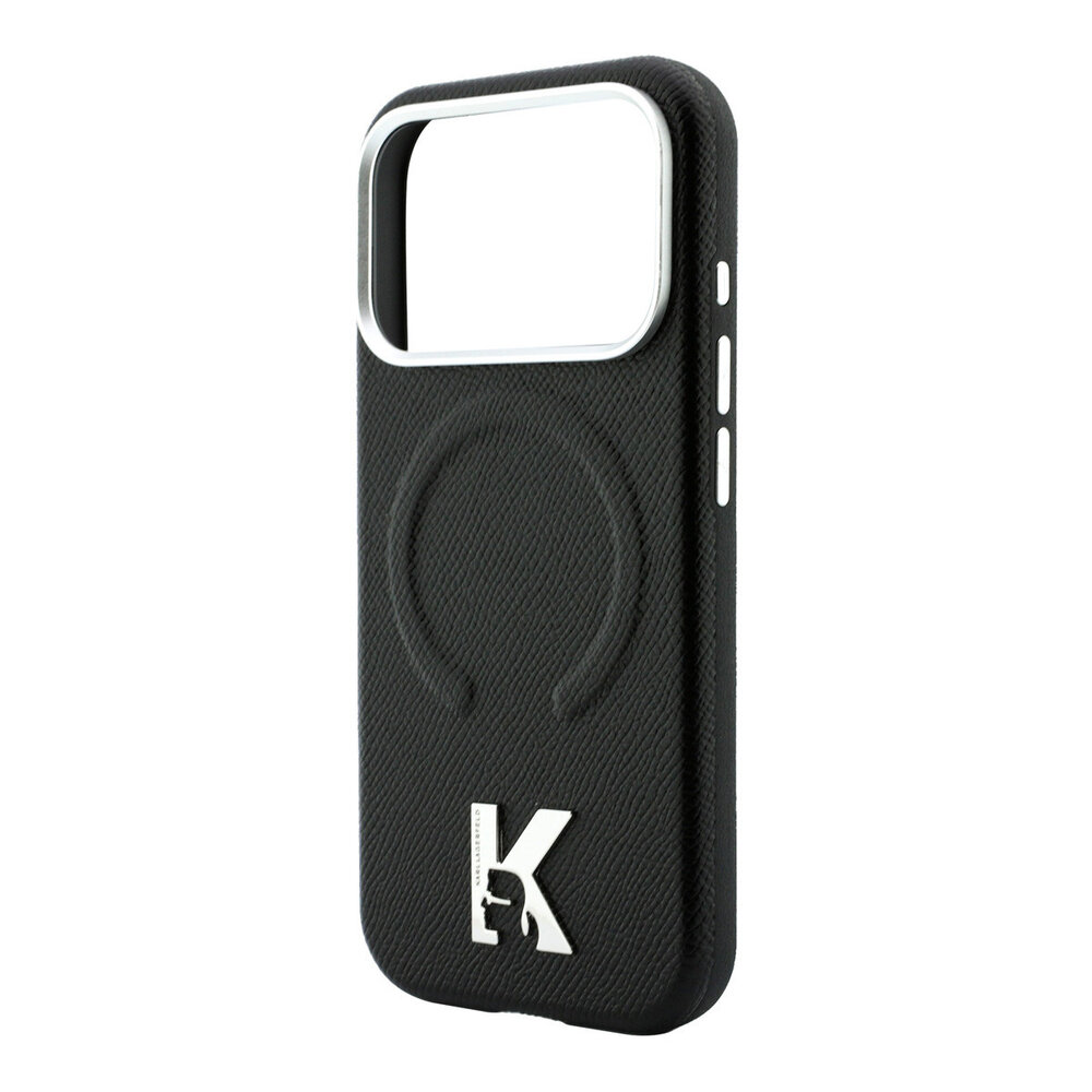 Karl Lagerfeld Karl iPhone 18 Pro Hoesje harde behuizing - MagSafe - SW - generfd PU - ring in reliëf - Kameo-logo Zwart