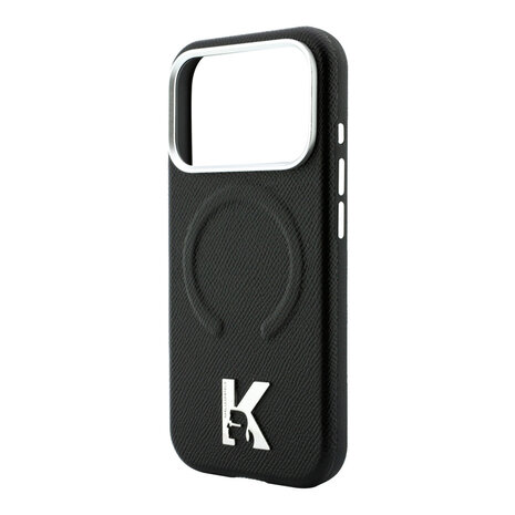 Karl Lagerfeld Karl iPhone 18 Pro Hoesje harde behuizing - MagSafe - SW - generfd PU - ring in reliëf - Kameo-logo Zwart