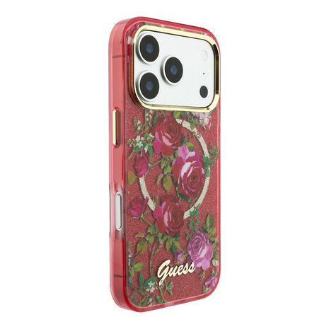 Guess Guess iPhone 18 Pro Hoesje harde behuizing - MagSafe - IML - glitter - Blossom Roses Bordeauxrood