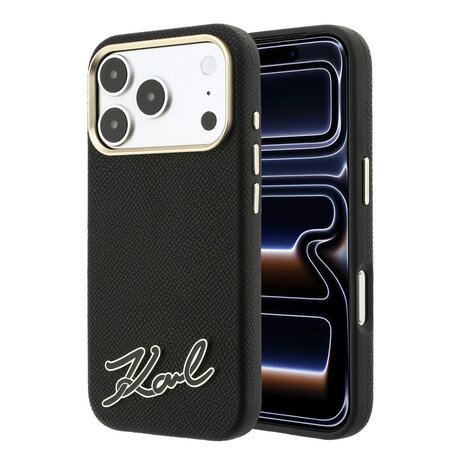 Karl Lagerfeld Karl iPhone 18 Pro Max Hoesje harde behuizing - MagSafe - SW - generfd PU - signatuurlogo van hars Zwart Karl Lagerfeld Karl iPhone 18 Pro Max Hoesje harde behuizing - MagSafe - SW - generfd PU - signatuurlogo van hars Zwart