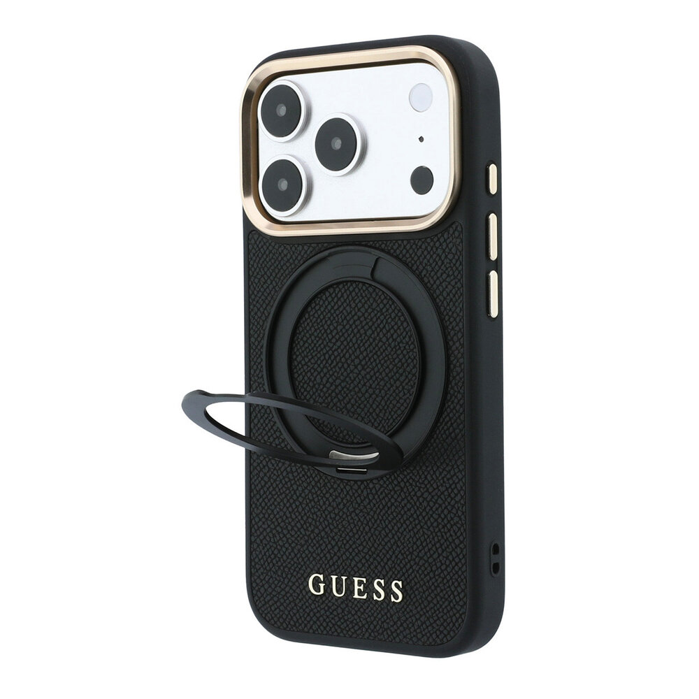 Guess Guess iPhone 18 Pro Case hard shell - MagSafe - 360-degree ring stand - grained PU - classic logo Black