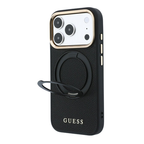 Guess Guess iPhone 18 Pro Hülle Hartschale - MagSafe - 360-Grad-Ringständer - genarbtes PU - klassisches Logo Schwarz