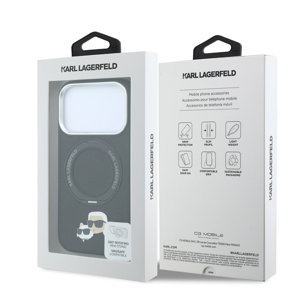 Karl Lagerfeld Karl iPhone 18 Pro Hoesje harde behuizing - MagSafe - PU - ringstandaard 360 - KC Heads-pin Zwart