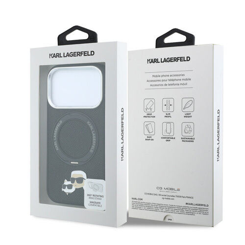 Karl Lagerfeld Karl Lagerfeld iPhone 18 Pro/iPhone 17 Pro Hartschalenhülle MagSafe PU 360° Ringständer KC Heads-Anstecker - Schwarz