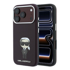 Karl iPhone 18 Pro Max Hülle Hartschale - MagSafe - SW - glattes PU - Ikonik Sketch Bordeauxrot