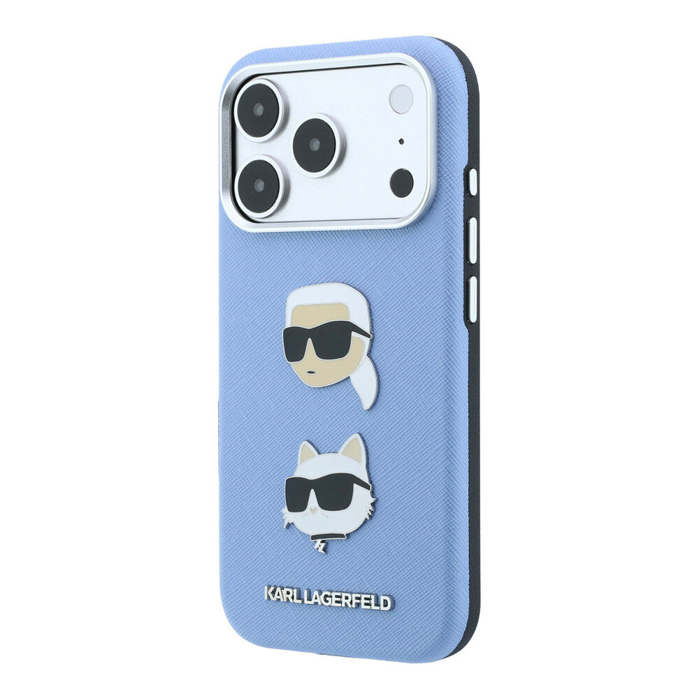 Karl Lagerfeld Karl iPhone 18 Pro Max Hülle Hartschale - SW - PU - Saffiano - K&C Heads-Anstecker - Logo Hellblau