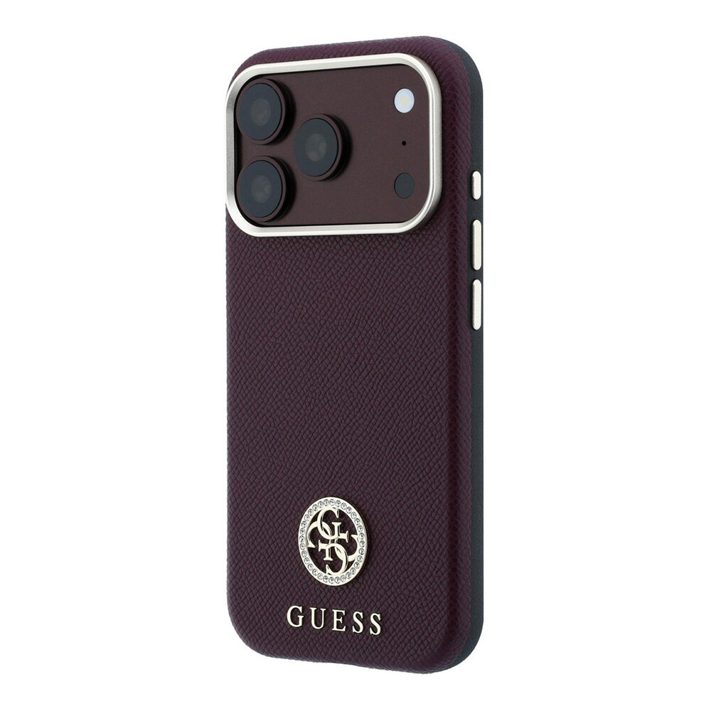 Guess Guess iPhone 18 Pro Max Hoesje harde behuizing - MagSafe - SW - generfd PU - rond strasslogo Bordeauxrood Guess Guess iPhone 18 Pro Max Hoesje harde behuizing - MagSafe - SW - generfd PU - rond strasslogo Bordeauxrood