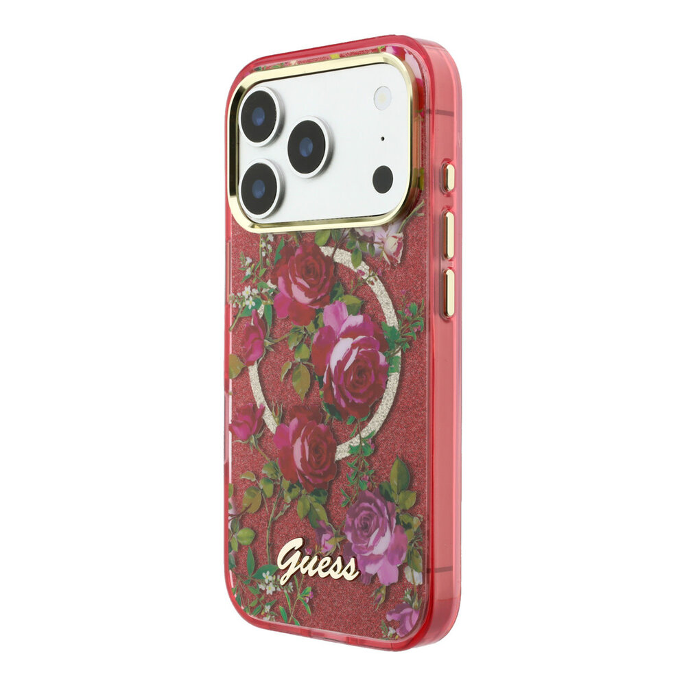 Guess Guess iPhone 18 Pro Hoesje harde behuizing - MagSafe - IML - glitter - Blossom Roses Bordeauxrood