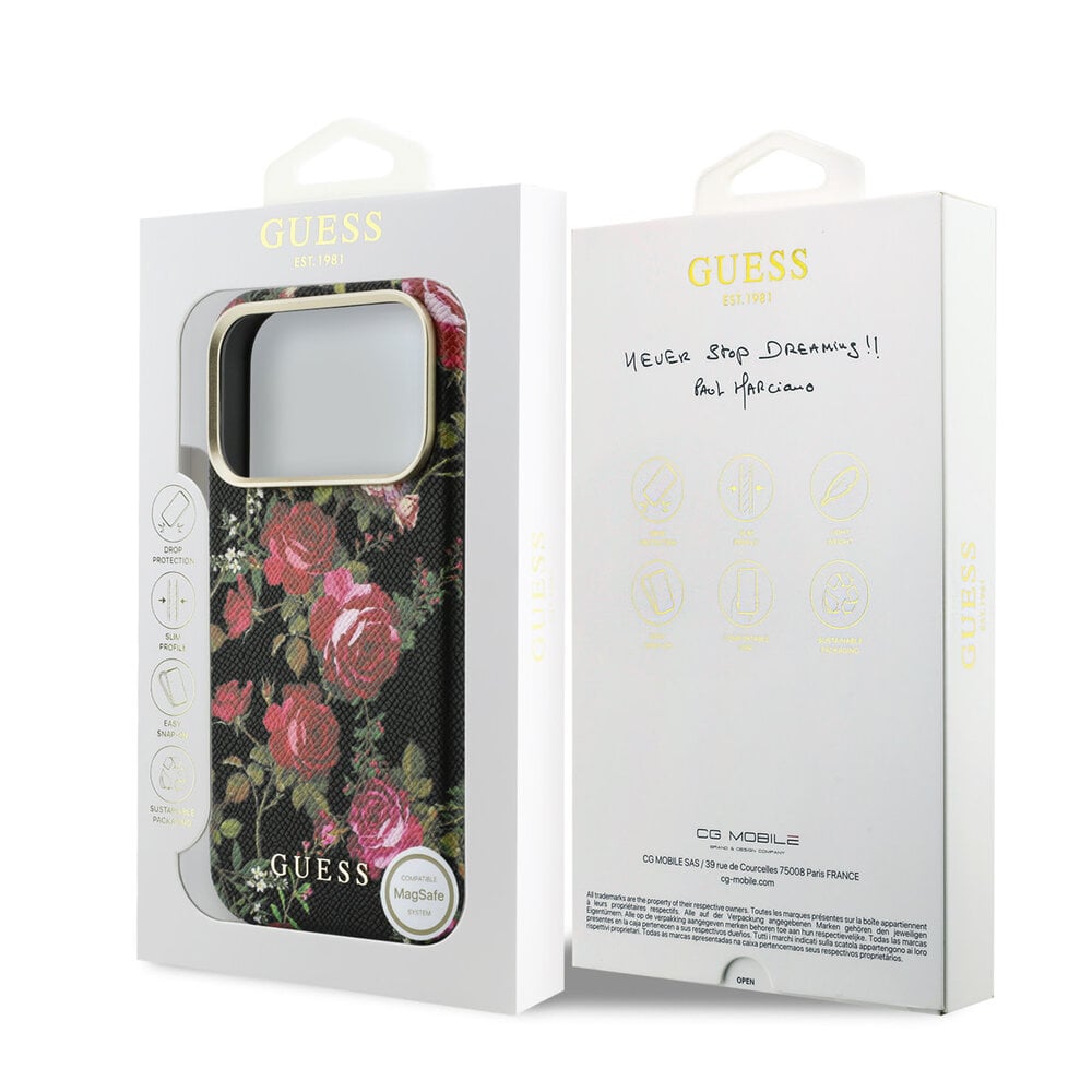 Guess Guess iPhone 18 Pro Max Hoesje harde behuizing - MagSafe - SW - PU - Blossom Roses-print Zwart Guess Guess iPhone 18 Pro Max Hoesje harde behuizing - MagSafe - SW - PU - Blossom Roses-print Zwart
