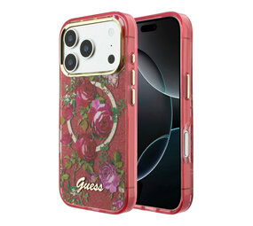 Guess Guess iPhone 18 Pro Hoesje harde behuizing - MagSafe - IML - glitter - Blossom Roses Bordeauxrood