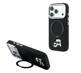 Karl Lagerfeld Karl iPhone 18 Pro Max Hoesje harde behuizing - MagSafe - PU - ringstandaard 360 - KC Heads-pin Zwart