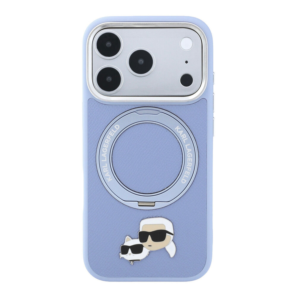 Karl Lagerfeld Karl iPhone 18 Pro Hülle Hartschale - MagSafe - PU - 360-Grad-Ringständer - KC Heads-Anstecker Hellblau Karl Lagerfeld Karl iPhone 18 Pro Hülle Hartschale - MagSafe - PU - 360-Grad-Ringständer - KC Heads-Anstecker Hellblau