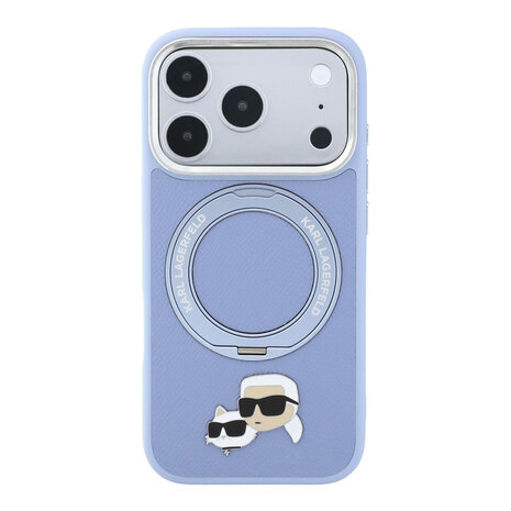 Karl Lagerfeld Karl iPhone 18 Pro Hülle Hartschale - MagSafe - PU - 360-Grad-Ringständer - KC Heads-Anstecker Hellblau Karl Lagerfeld Karl iPhone 18 Pro Hülle Hartschale - MagSafe - PU - 360-Grad-Ringständer - KC Heads-Anstecker Hellblau
