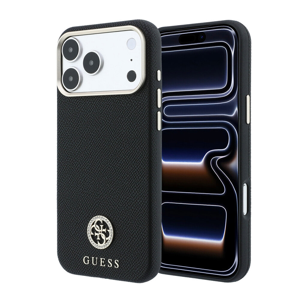 Guess Guess iPhone 18 Pro Max Coque structure rigide - MagSafe - SW - PU grainé - logo rond en strass Noir Guess Guess iPhone 18 Pro Max Coque structure rigide - MagSafe - SW - PU grainé - logo rond en strass Noir