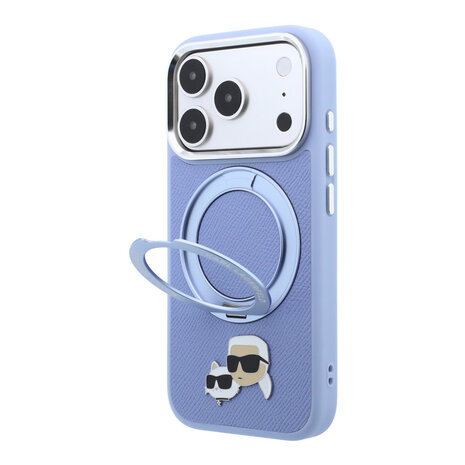 Karl Lagerfeld Karl iPhone 18 Pro Max Case hard shell - MagSafe - PU - 360-degree ring stand - KC Heads pin Light blue