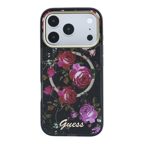 Guess Guess iPhone 18 Pro Max Hülle Hartschale - MagSafe - IML - Glitzer - Blossom Roses Schwarz