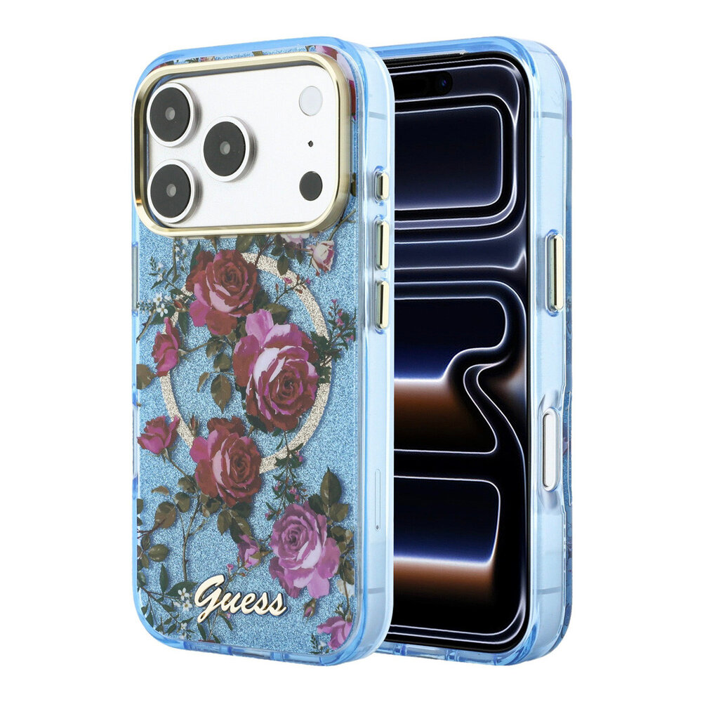Guess Guess iPhone 18 Pro Case hard shell - MagSafe - IML - glitter - Blossom Roses Light blue