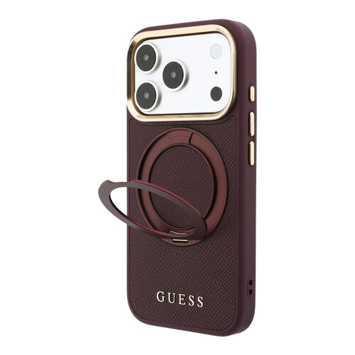Guess Guess iPhone 18 Pro Max/iPhone 17 Pro Max Hartschalenhülle MagSafe Genarbtes PU 360° Ringständer Klassisches Logo - Bordeaux