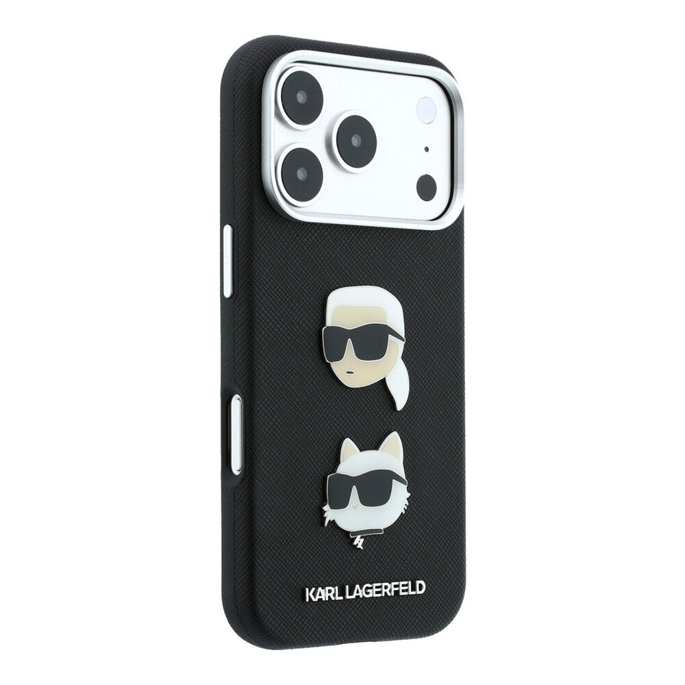 Karl Lagerfeld Karl iPhone 18 Pro Hülle Hartschale - SW - PU - Saffiano - K&C Heads-Anstecker - Logo Schwarz Karl Lagerfeld Karl iPhone 18 Pro Hülle Hartschale - SW - PU - Saffiano - K&C Heads-Anstecker - Logo Schwarz