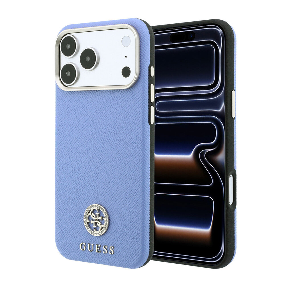 Guess Guess iPhone 18 Pro Max Hülle Hartschale - MagSafe - SW - genarbtes PU - rundes Strasslogo Hellblau
