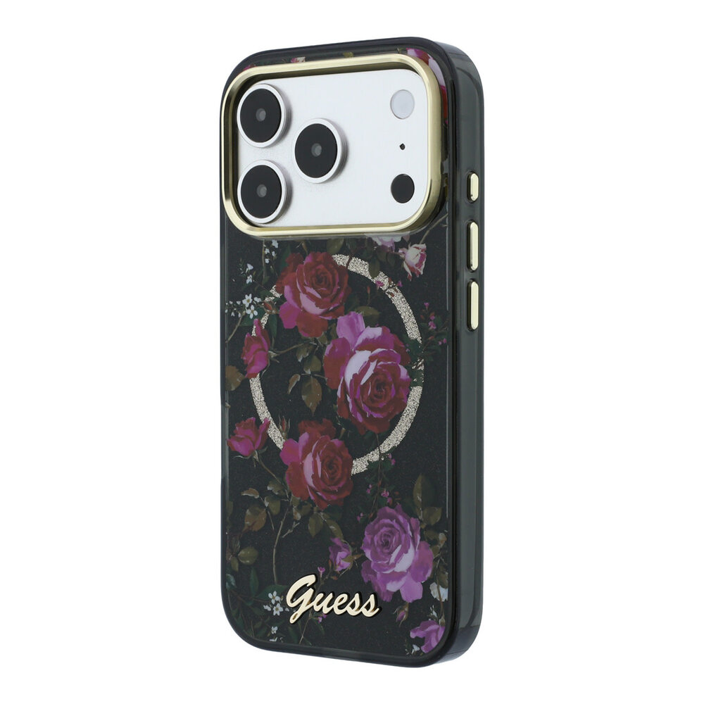 Guess Guess iPhone 18 Pro Max Hülle Hartschale - MagSafe - IML - Glitzer - Blossom Roses Schwarz