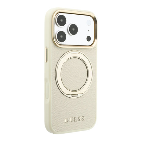 Guess Guess iPhone 18 Pro Max Coque structure rigide - MagSafe - anneau support à 360 degrés - PU grainé - logo classique Beige