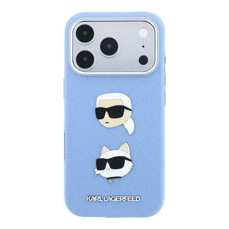 Karl Lagerfeld Karl iPhone 18 Pro Max Hülle Hartschale - SW - PU - Saffiano - K&C Heads-Anstecker - Logo Hellblau