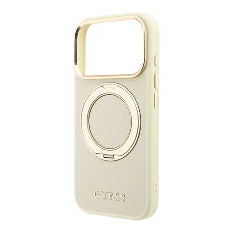 Guess Guess iPhone 18 Pro Case hard shell - MagSafe - 360-degree ring stand - grained PU - classic logo Beige