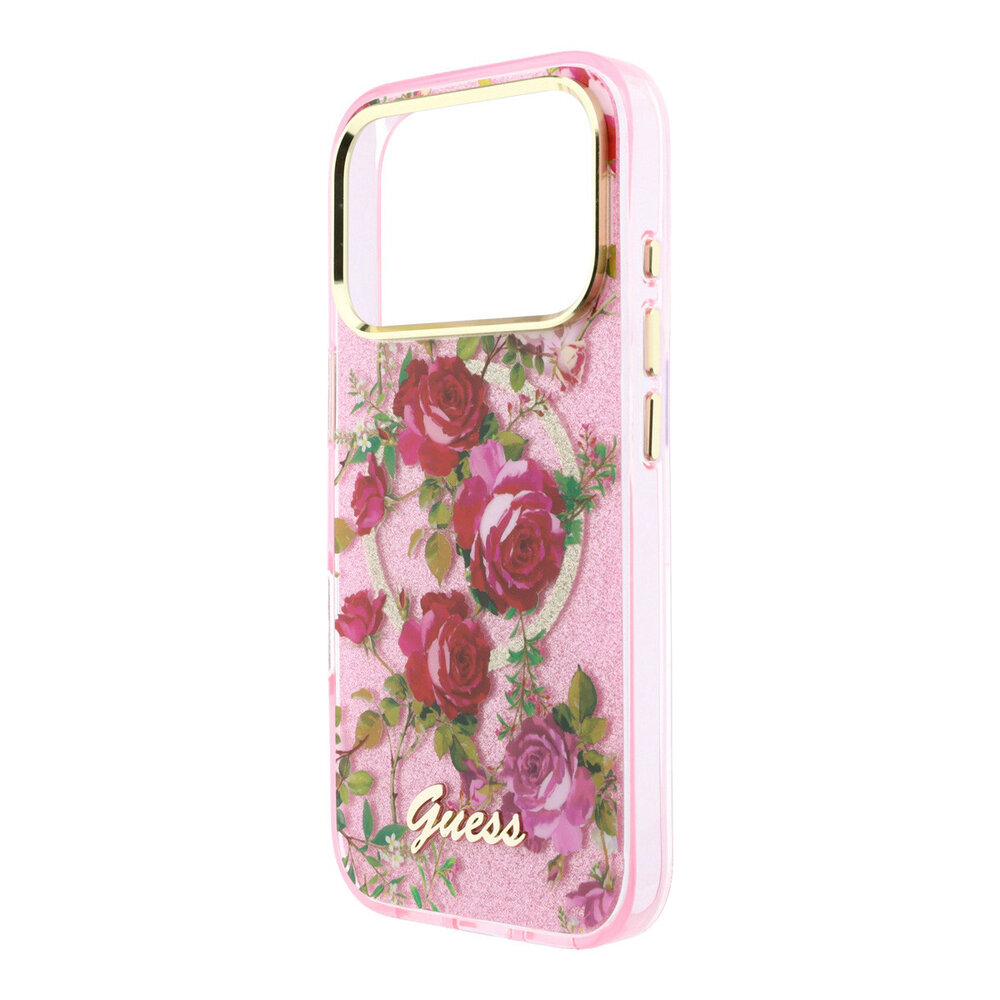 Guess Guess iPhone 18 Pro Max Hoesje harde behuizing - MagSafe - IML - glitter - Blossom Roses Roze Guess Guess iPhone 18 Pro Max Hoesje harde behuizing - MagSafe - IML - glitter - Blossom Roses Roze