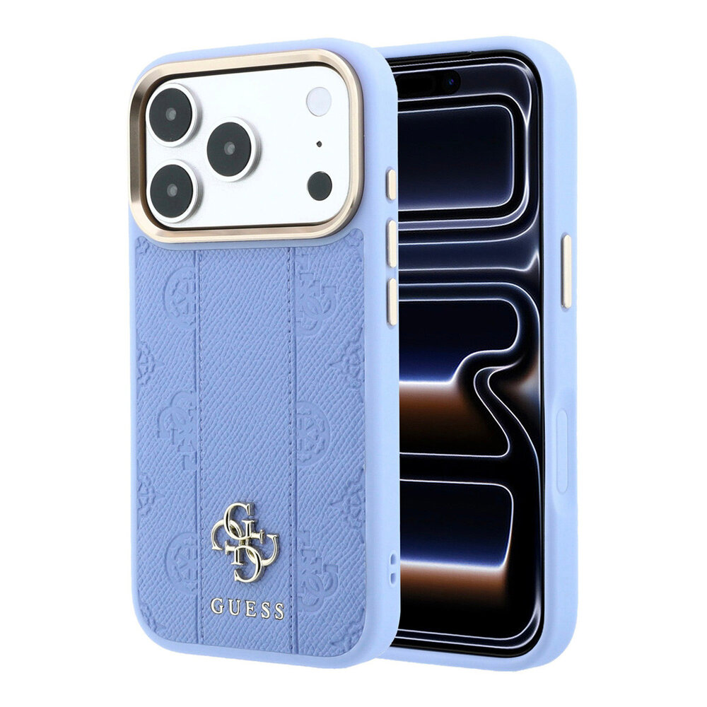 Guess Guess iPhone 18 Pro Hoesje harde behuizing - MagSafe - PU - streeppatroon - HS - Peony 4G-logo Lichtblauw Guess Guess iPhone 18 Pro Hoesje harde behuizing - MagSafe - PU - streeppatroon - HS - Peony 4G-logo Lichtblauw