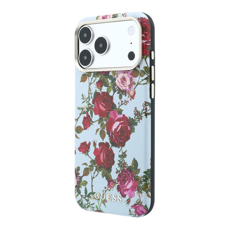 Guess Guess iPhone 18 Pro Hoesje harde behuizing - MagSafe - SW - PU - Blossom Roses-print Lichtblauw Guess Guess iPhone 18 Pro Hoesje harde behuizing - MagSafe - SW - PU - Blossom Roses-print Lichtblauw