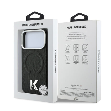 Karl Lagerfeld Karl iPhone 18 Pro Hoesje harde behuizing - MagSafe - SW - generfd PU - ring in reliëf - Kameo-logo Zwart