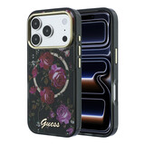 Guess Guess iPhone 18 Pro Hoesje harde behuizing - MagSafe - IML - glitter - Blossom Roses Zwart