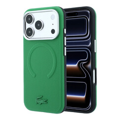 Lacoste iPhone 18 Pro/iPhone 17 Pro Coque rigide - MagSafe - PVC - Petit Piqué - Finition en relief - Vert (Estragon)